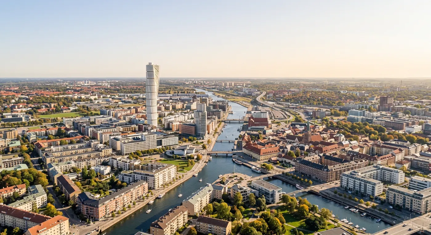 Aerial view of Malmö in afternoon sun, with the Turning Torso and the canal